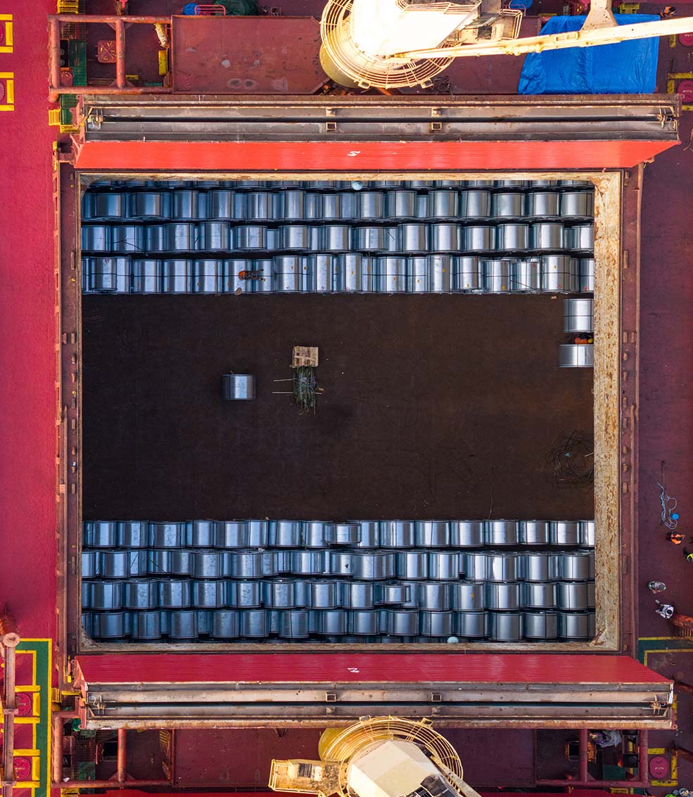 Open cargo hatch with steel coils
