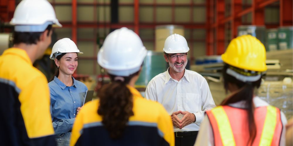 Worker with helmet working in industrial factory or warehouse