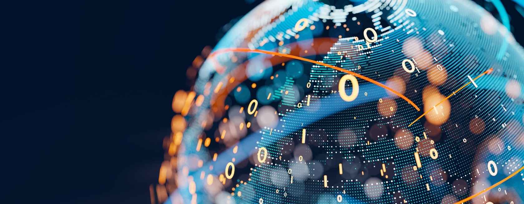 地球以圆点，二进制代码和线条的形式呈现