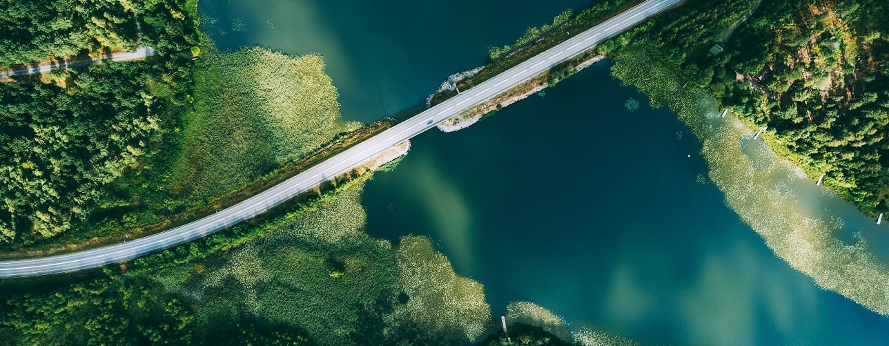 两座绿岛上的桥梁鸟瞰图