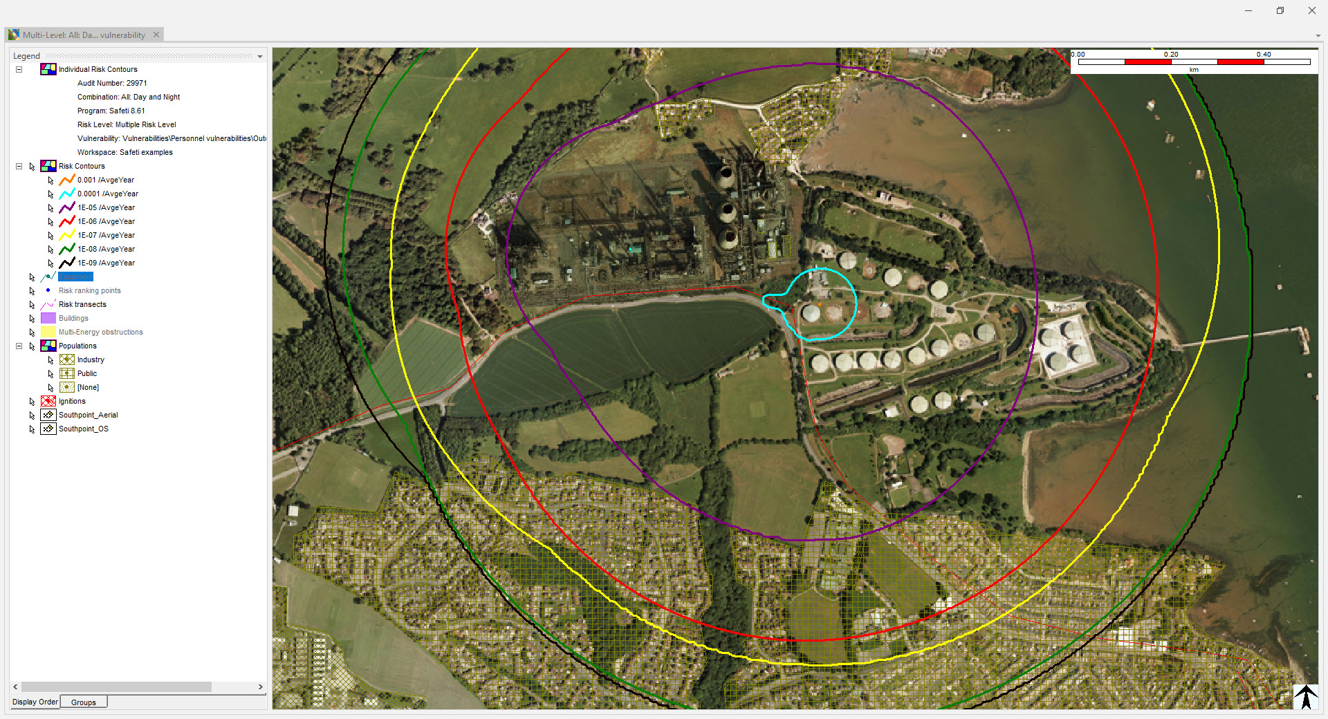 Screenshot from Safeti software, showing individual risk contours in a GIS view of a facility
